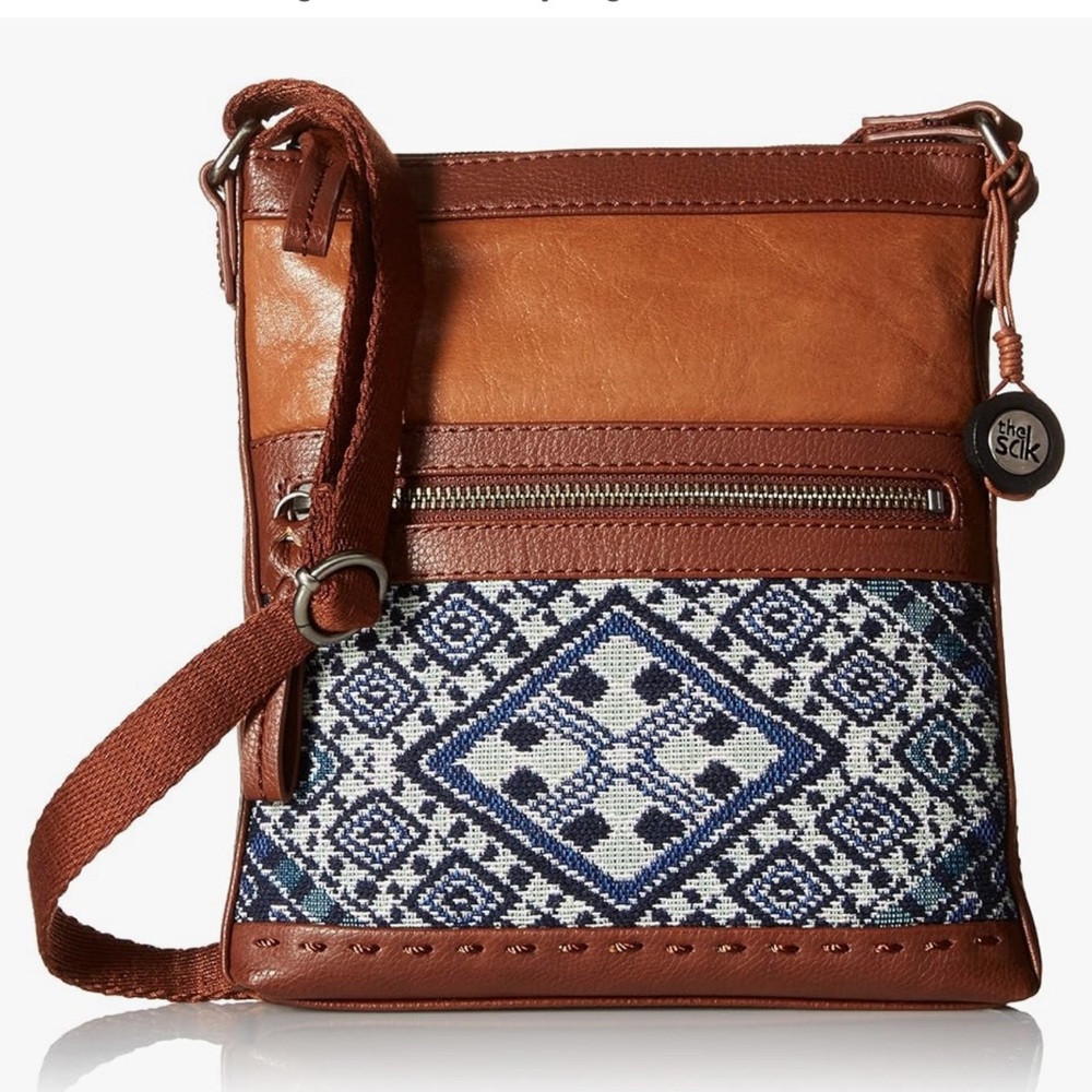 The Sak Tan Leather Crossbody Bag with Navy Pattern